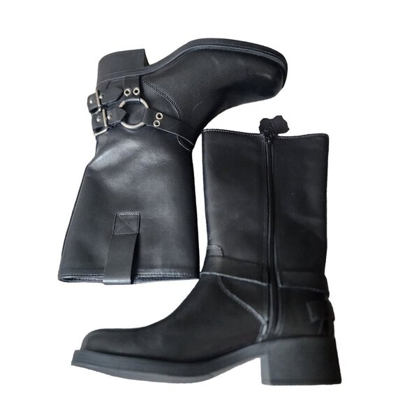Black and Silver Mid-Calf Moto Boots with Harness Strap - Picture 7 of 16